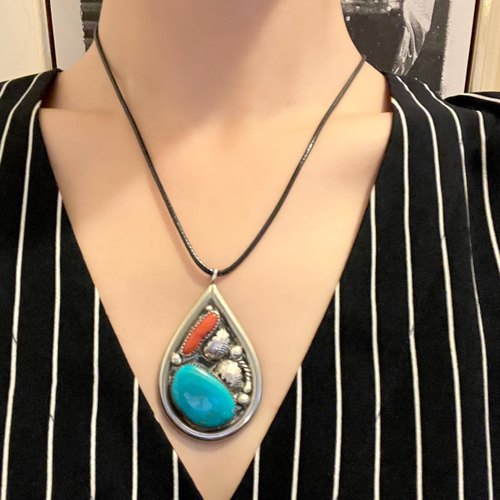 美国印第安纳瓦霍手工银饰925纯银天然绿松石吊坠项链中古董首饰