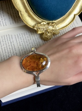 欧美孤品古董首饰vintage老银饰925纯银天然琥珀花珀蜜蜡手镯手链