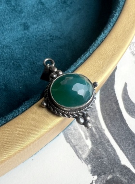 Vintage古董首饰中古饰品925银吊坠蓝绿色玛瑙小吊坠 欧美银饰