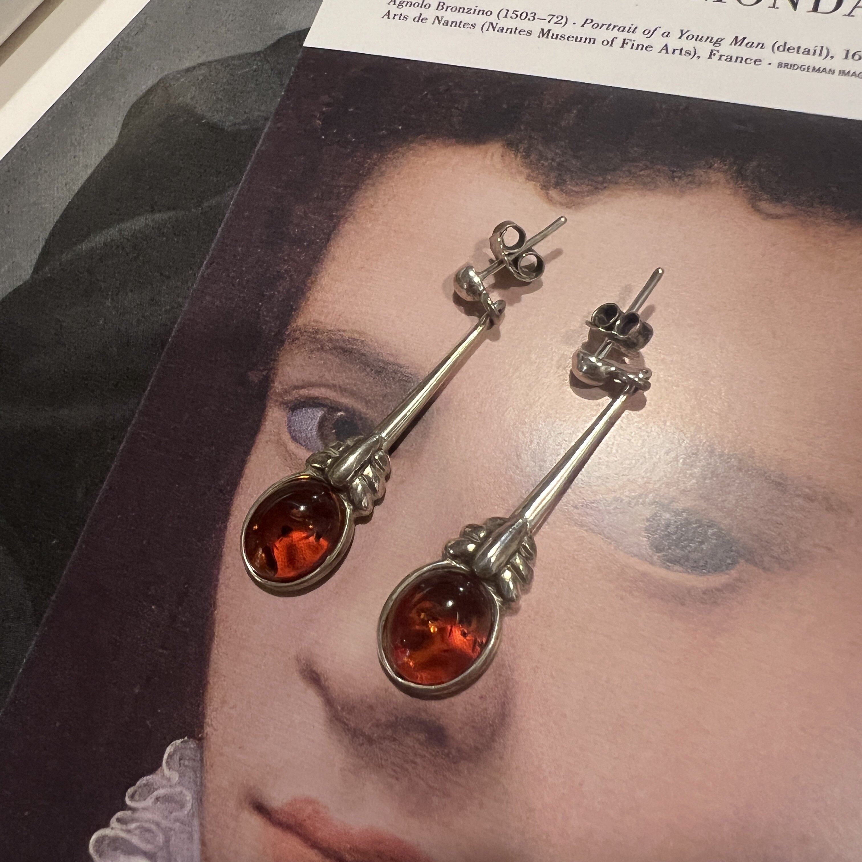 天然原矿琥珀耳环925纯银耳环欧美手工银饰vintage古董首饰耳钉