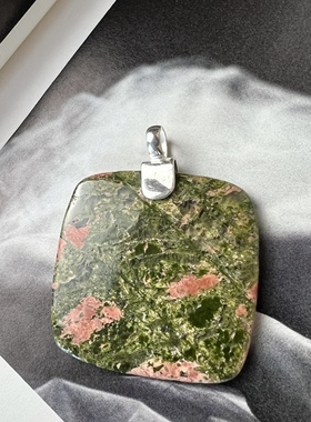 天然绿帘石吊坠Unakite吊坠925纯银欧美vintage古董首饰