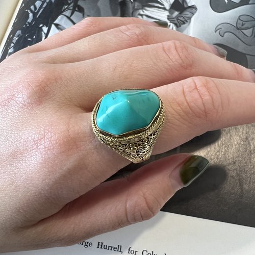 天然原矿绿松石戒指纯银古董首饰