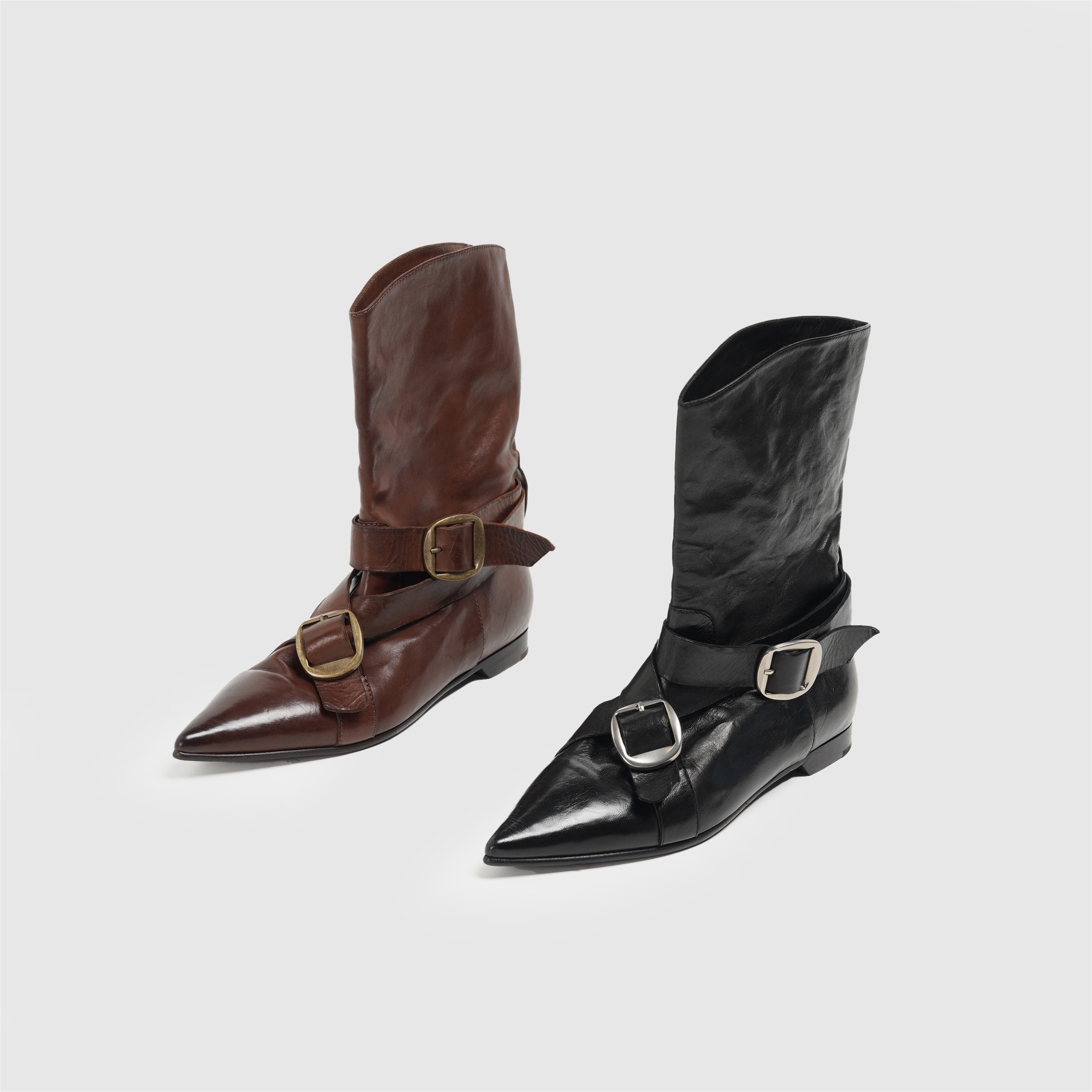 复古摩登 气场女郎！重水洗马皮金属扣女靴时尚尖头低跟中筒靴,女鞋,时装靴,淘宝优惠券,粉丝福利购,淘宝优惠卷