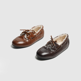 重磅水洗打造 水洗马皮羊毛乐福鞋女 金属扣圆头加绒帆船鞋小皮鞋