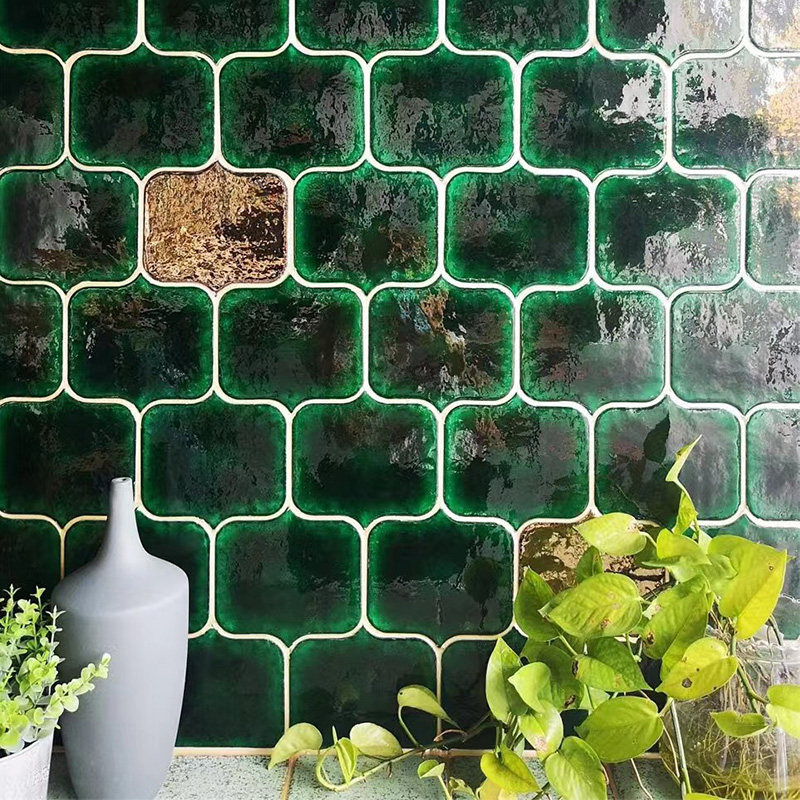 特色窑变冰裂麒麟手工砖97x186mm餐饮厨房卫生间墨绿色背景墙砖
