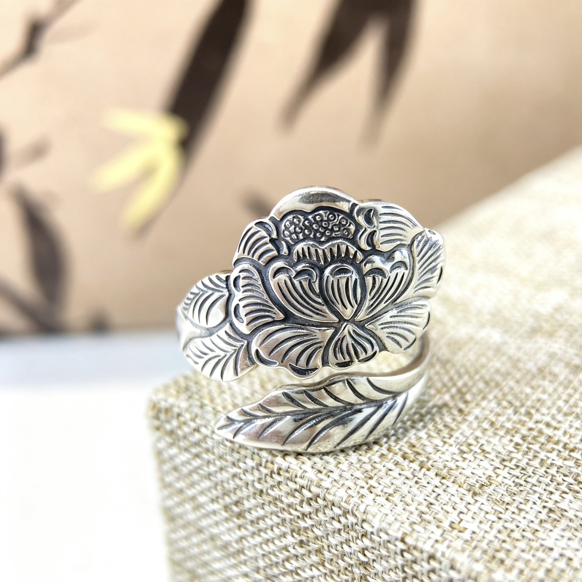 990纯银牡丹花开口戒指女新款复古设计民族风指环国色天香食指戒,饰品/流行首饰/时尚饰品新,银饰戒指,淘宝优惠券,粉丝福利购,淘宝优惠卷