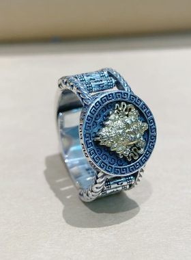 S925纯银黄财神戒指复古工艺小众设计文玩配饰男士大气时尚银指环