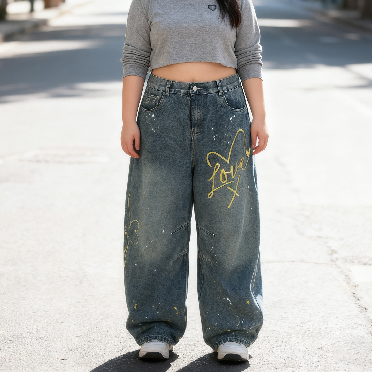 大码美式复古泼墨涂鸦垂感牛仔裤