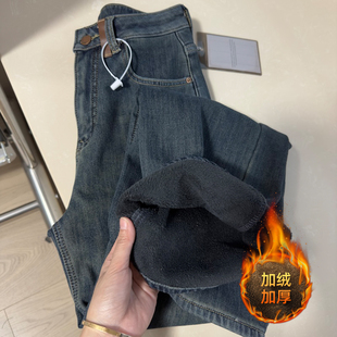 女保暖秋冬宽松拖地长裤 胖mm复古加绒加厚高腰直筒牛仔裤 女装 大码