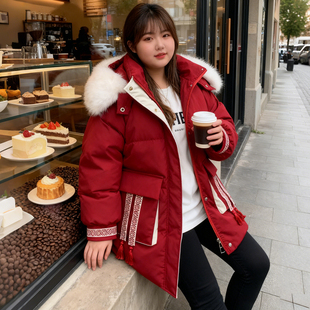 大码 胖mm圣诞红连帽大毛领棉服女加厚保暖外套本命年过年棉袄 女装