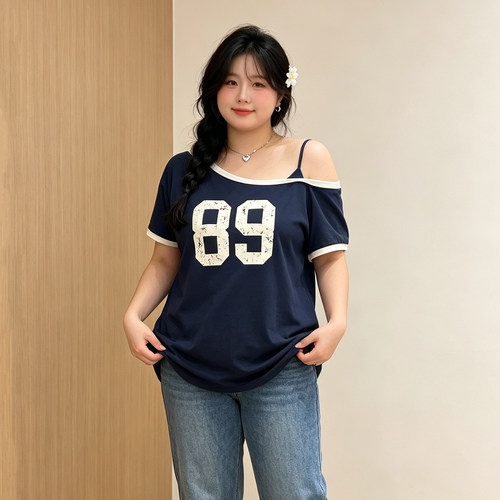 大码斜肩撞色拼接印花短袖T恤女