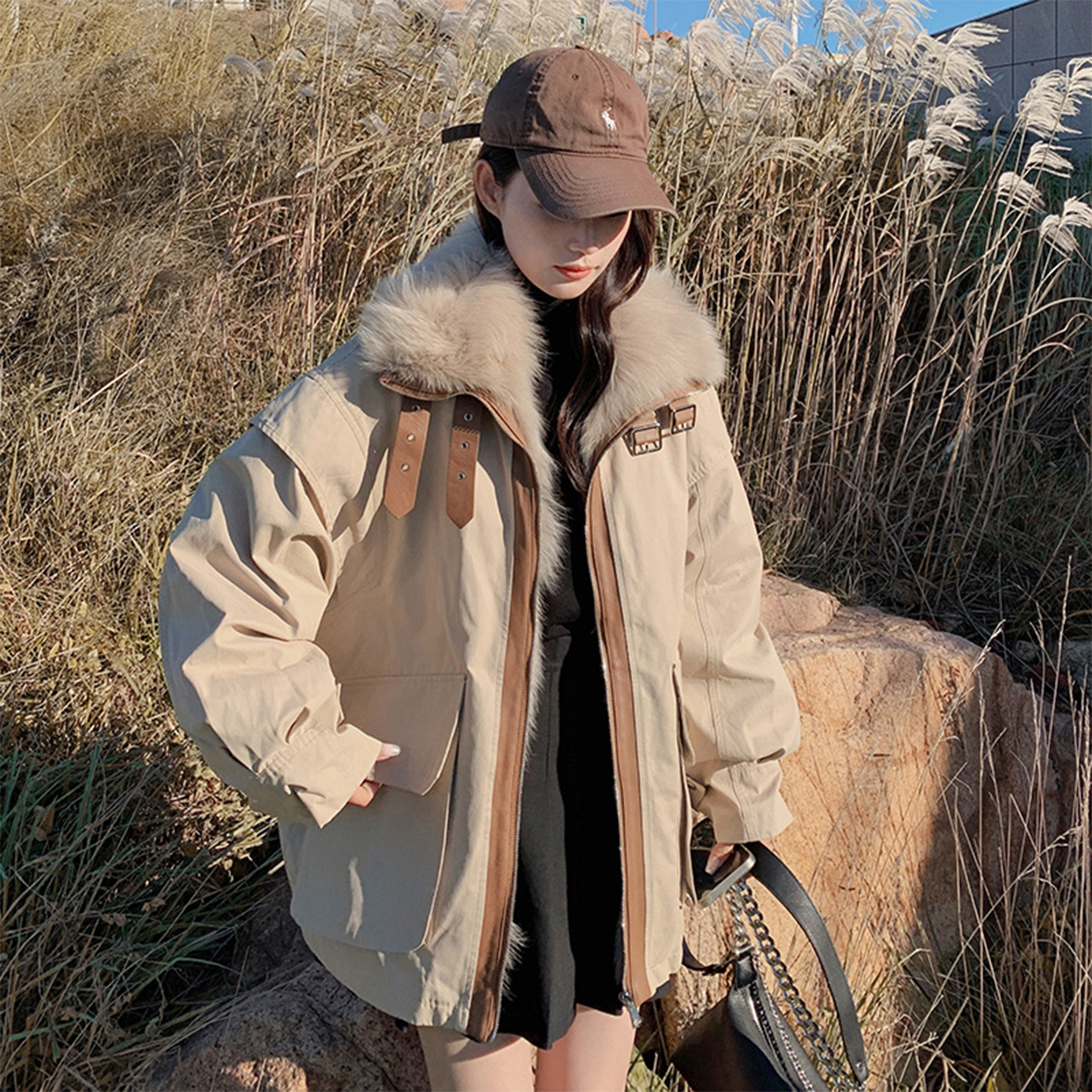 大码胖mm加绒毛领派克服女冬季