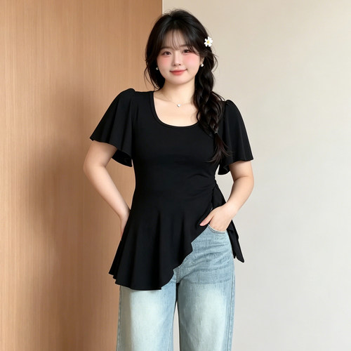 大码不对称开叉荷叶边短袖T恤女