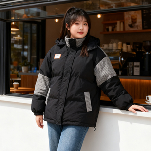 大码 胖mm复古灯芯绒拼接连帽羽绒棉服女宽松加厚保暖棉衣外套 女装