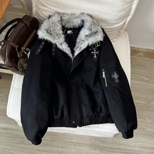 大码 保暖座山雕派克服外套 胖mm毛领加绒加厚防寒宽松棉衣棉服冬季