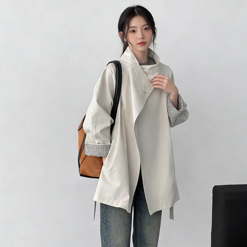 春季大码法式老钱风立领风衣女