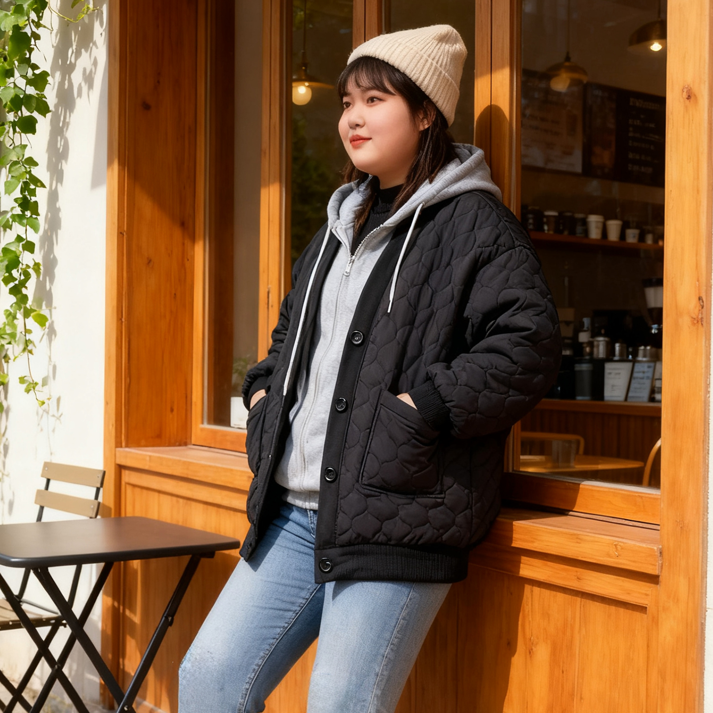 大码女装假两件连帽菱格加厚棉服