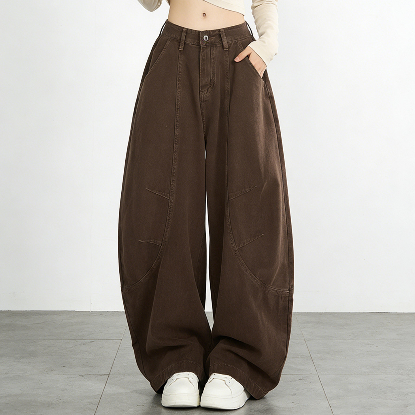 300斤大码胖mm美式复古工装阔腿牛仔裤女高腰显瘦百搭咖色弯刀裤,女装/女士精品,大码裤装,淘宝优惠券,粉丝福利购,淘宝优惠卷