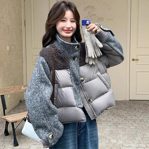 大码女装加厚保暖羊羔毛拼接棉服