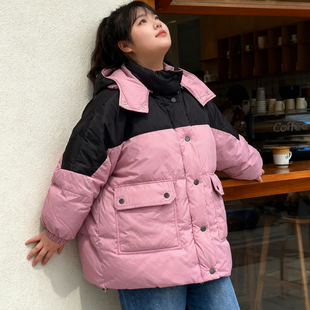 大码 外套 胖mm撞色拼接连帽羽绒棉服女宽松加厚棉衣保暖面包服冬季