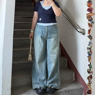 300斤胖mm大码 复古牛仔裤 女宽松显瘦宽松直筒阔腿拖地裤 2025秋季