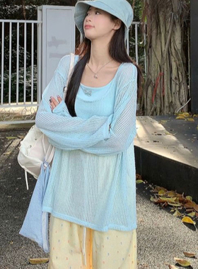 300斤大码胖mm慵懒两件套镂空针织衫女宽松防晒罩衫蓝色长袖上衣