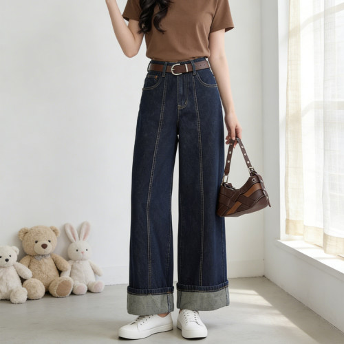 夏季大码高腰阔腿九分牛仔裤女