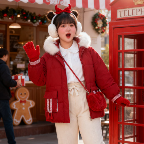 大码女装胖mm新年红色宽松棉服