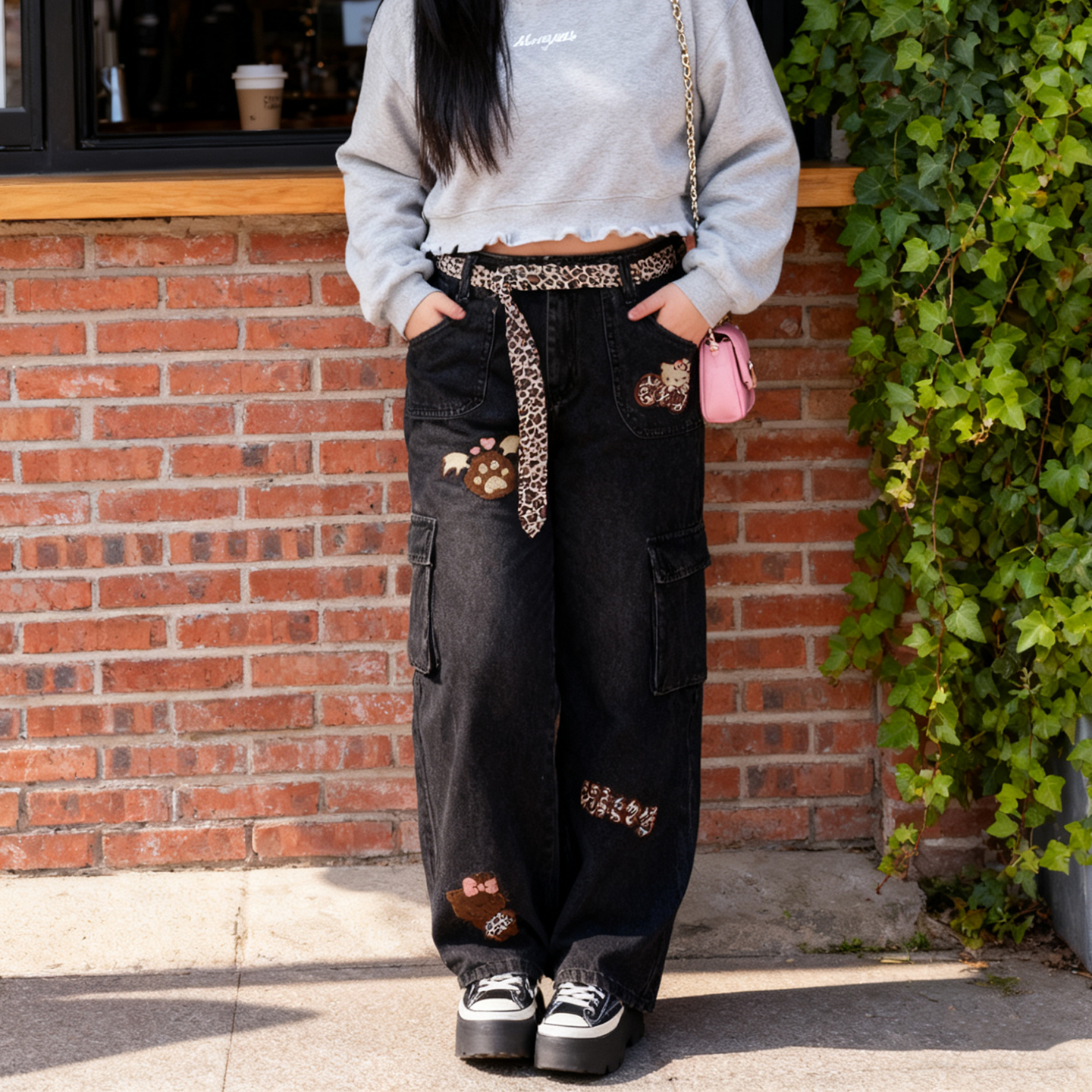 美式卡通风豹纹猫咪刺绣工装裤