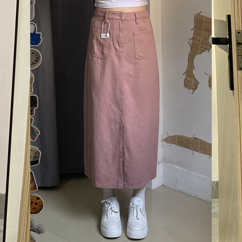 大码胖mm脏粉色开叉牛仔半身裙女