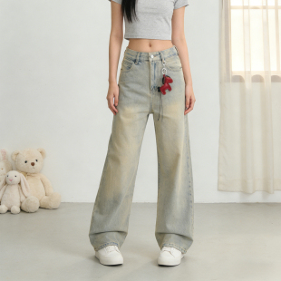 女高腰痞帅高级感直筒裤 复古水洗阔腿牛仔裤 子 胖mm美式 300斤大码