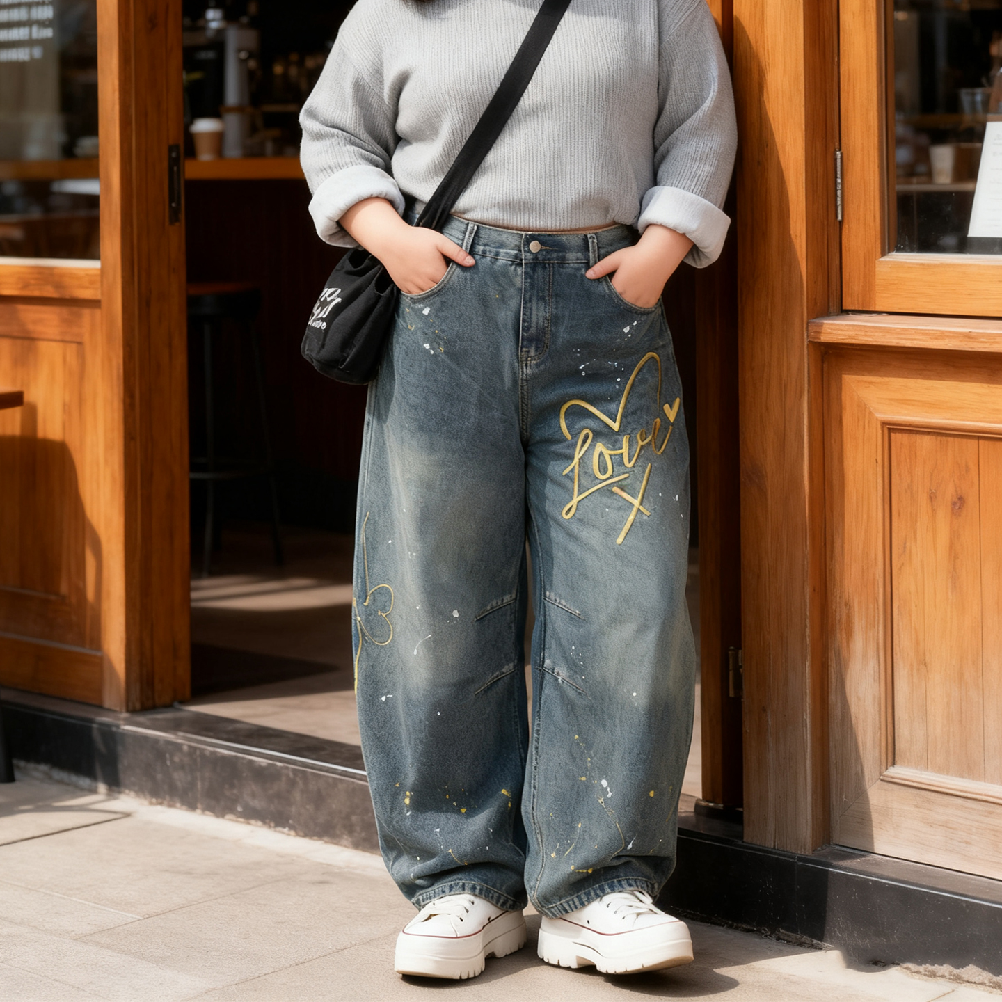 300斤大码泼墨涂鸦阔腿牛仔裤女