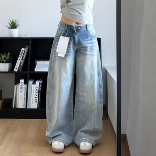 女宽松显瘦直筒弯刀裤 2025秋季 胖mm复古水洗阔腿牛仔裤 大码 子 新款