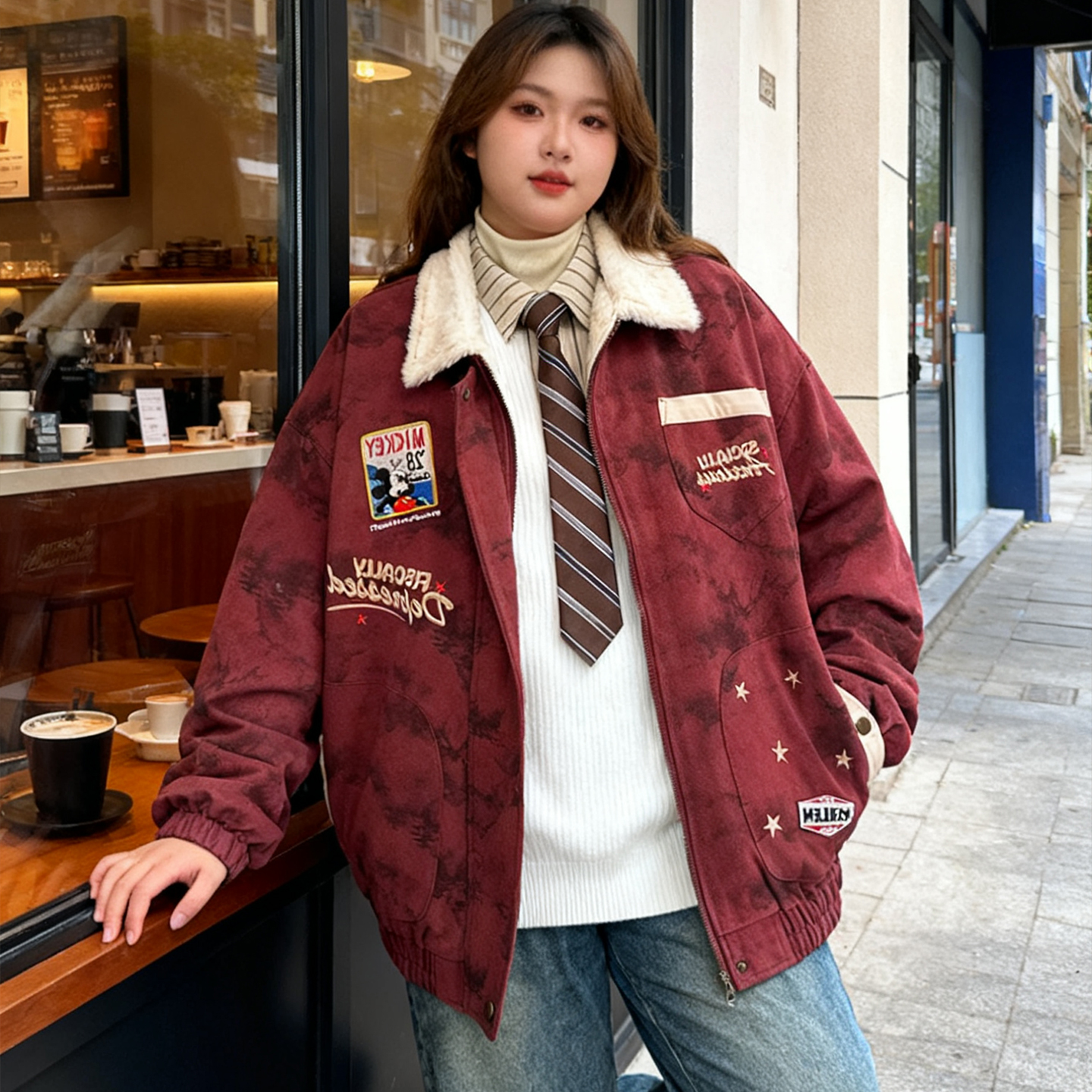 大码胖mm美式复古风加绒加厚外套