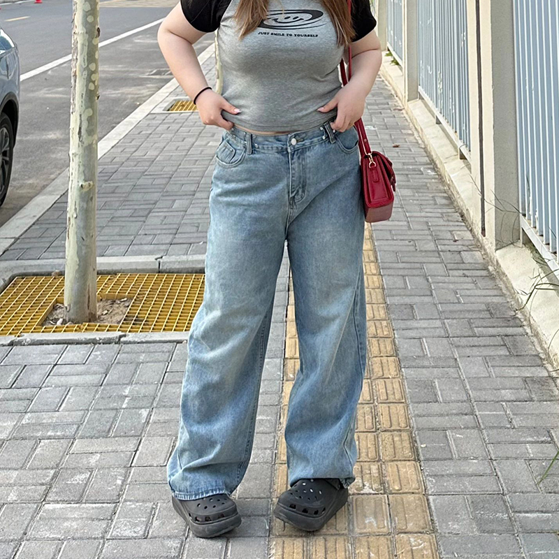 大码女装胖mm高腰直筒阔腿牛仔裤