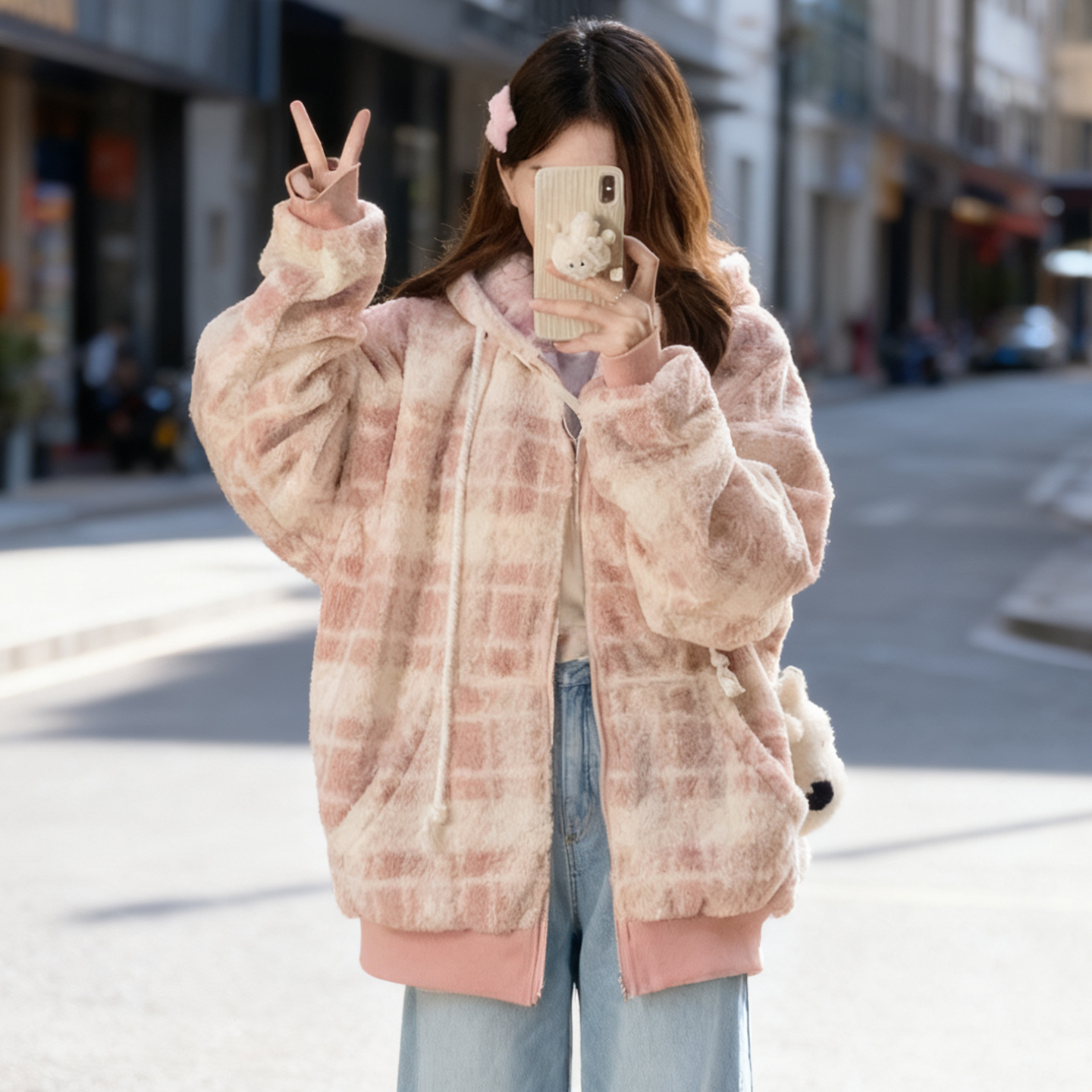 大码女装胖mm格子羊羔毛连帽棉服