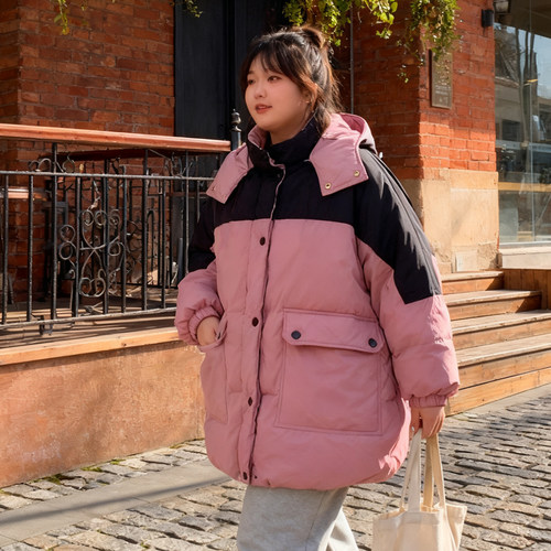 300斤大码胖mm撞色拼接羽绒棉服