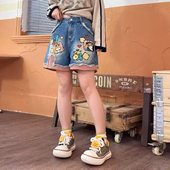 女高腰宽松阔腿直筒毛边裤 300斤胖mm大码 童趣卡通印花牛仔短裤 子