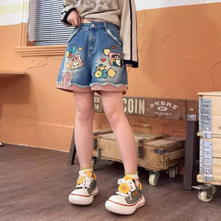 子 女高腰宽松阔腿直筒毛边裤 300斤胖mm大码 童趣卡通印花牛仔短裤