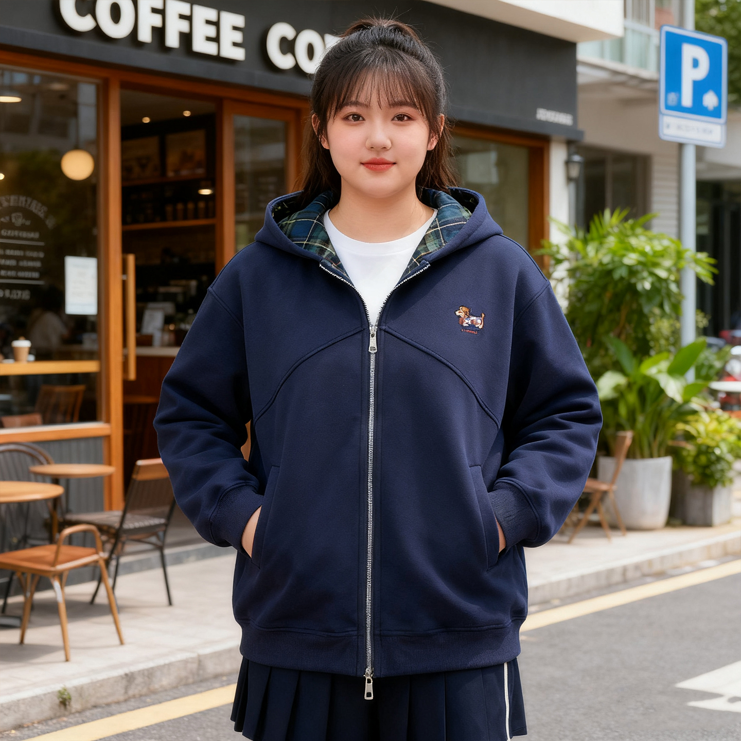 大码胖mm美式格子拼接连帽外套
