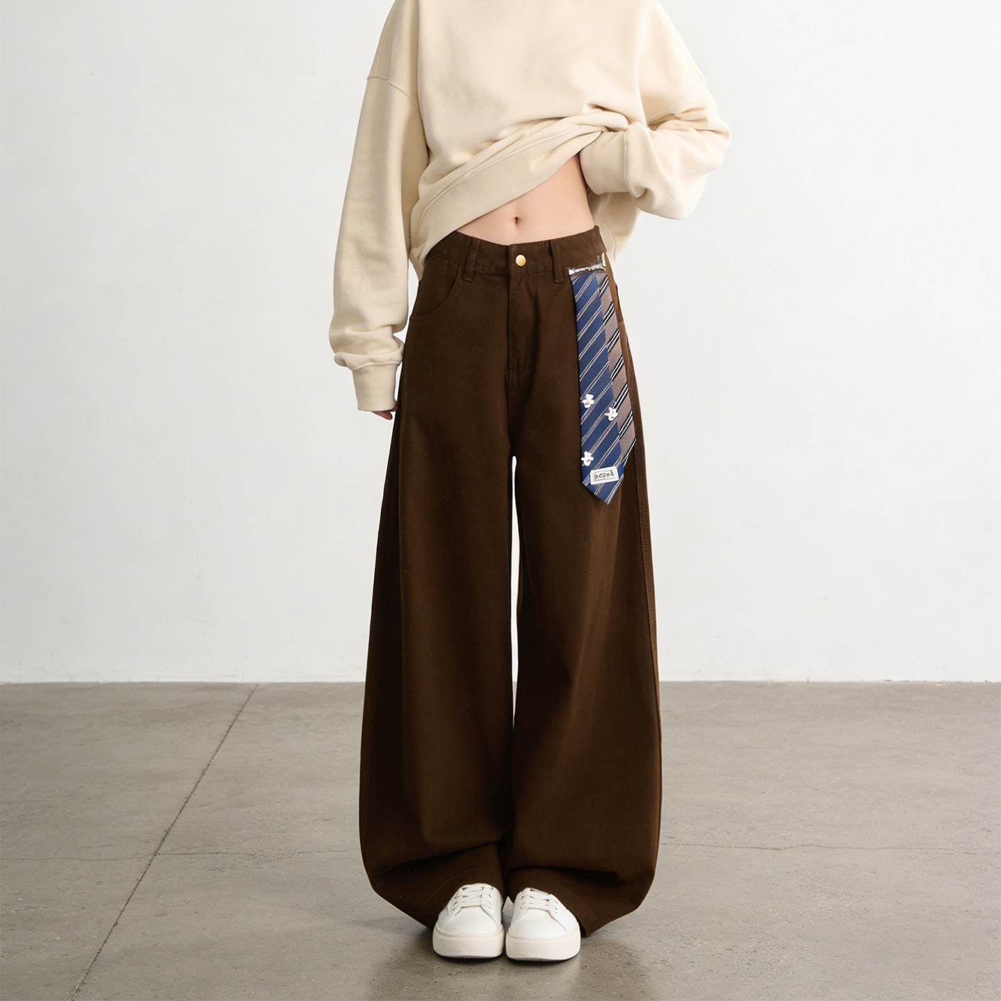 300斤大码胖mm复古设计感领带装饰阔腿牛仔裤女高腰宽弯刀工装裤,女装/女士精品,大码裤装,淘宝优惠券,粉丝福利购,淘宝优惠卷