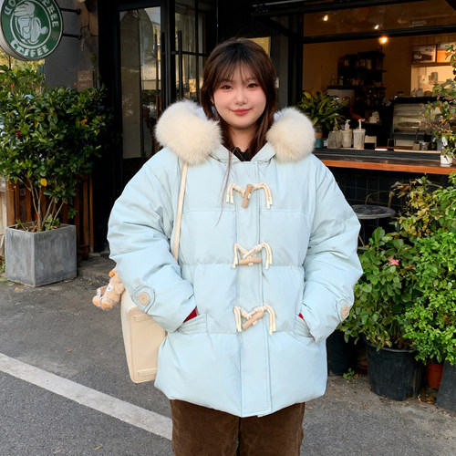 大码牛角扣棉服女宽松学院风