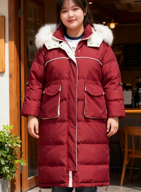 大码胖mm红色大毛领羽绒棉服女中长款加厚连帽本命年过膝棉衣外套