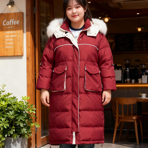 大码胖mm红色大毛领羽绒棉服女
