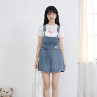 女阔腿连体a字裤 胖mm兔耳朵减龄阔腿牛仔背带短裤 子 大码 2026夏季