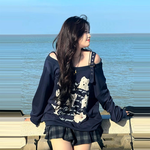 大码卡通小狗印花露肩长袖T恤女