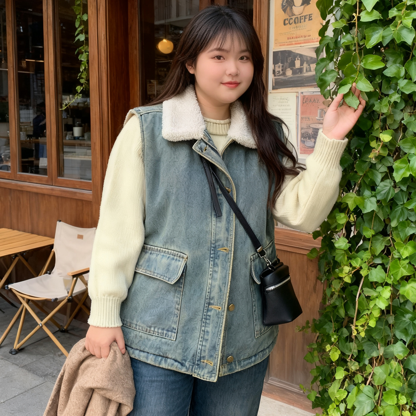 大码胖mm复古羊羔毛翻领牛仔马甲女加厚背心外套宽松加绒百搭坎肩