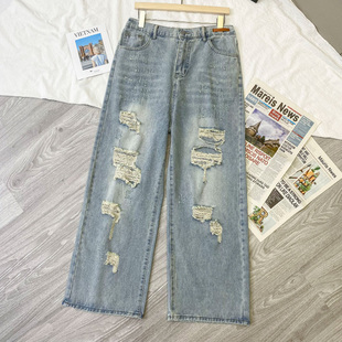 300斤大码 胖mm夏季 浅色猫须破洞直筒宽松高腰设计感牛仔裤 女 女装