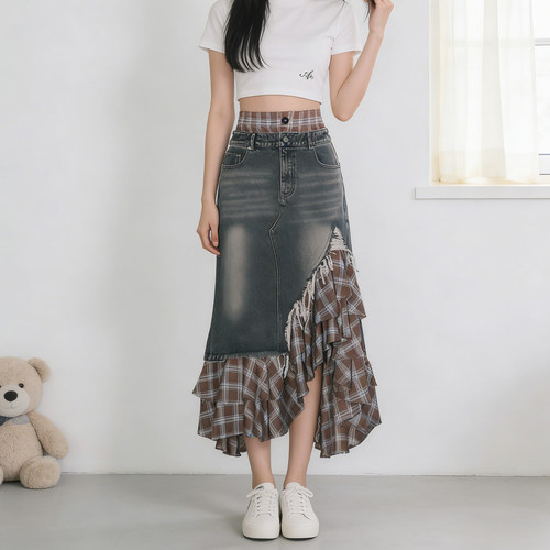 300斤大码高腰格纹牛仔半身裙女