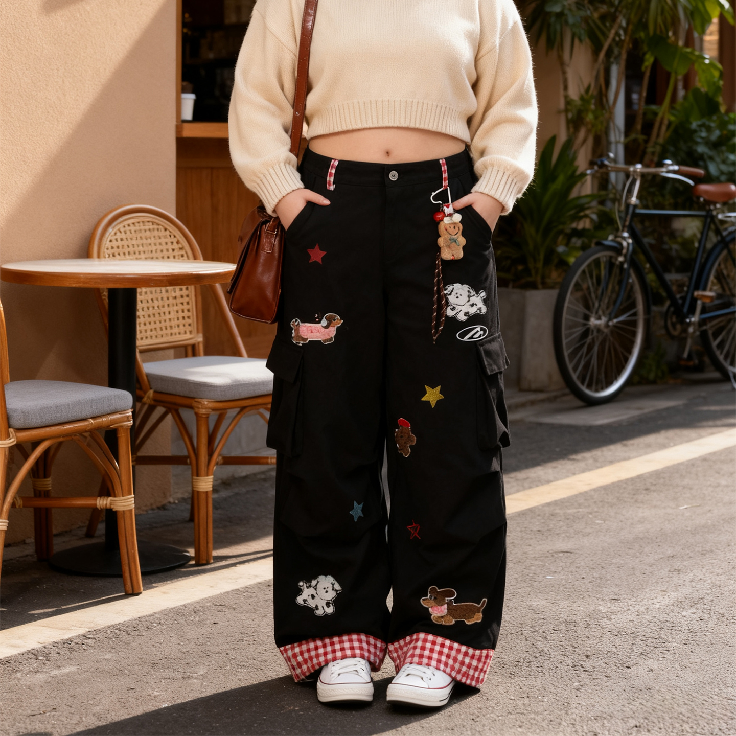 300斤大码胖mm卡通小狗工装裤女